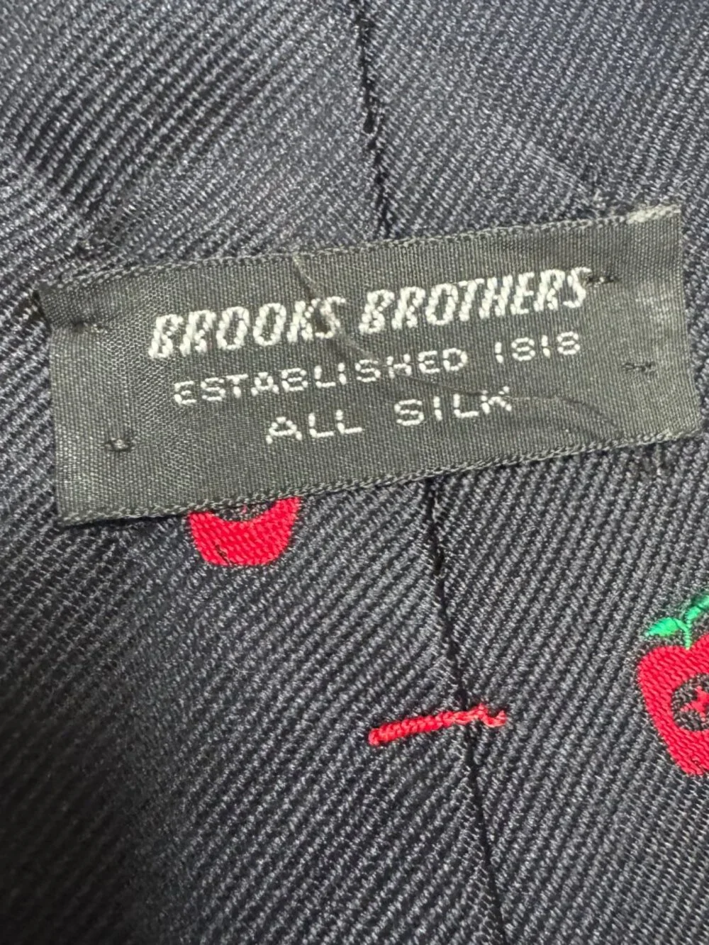 Vintage Brooks Brothers 100% Silk Navy & Red Apple Motif Necktie Novelty Preppy